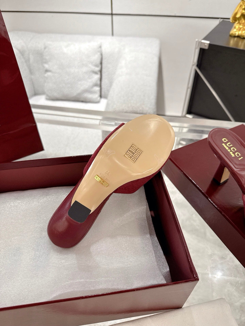 GC 2025 Double G High Heel Sandals Red Canvas Sheepskin 292467