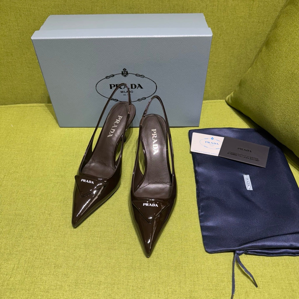 PRADA 25S SLINGBACK HIGH HEELS 75 MM IN DARK RED BROWN GLOSSY CALFSKIN