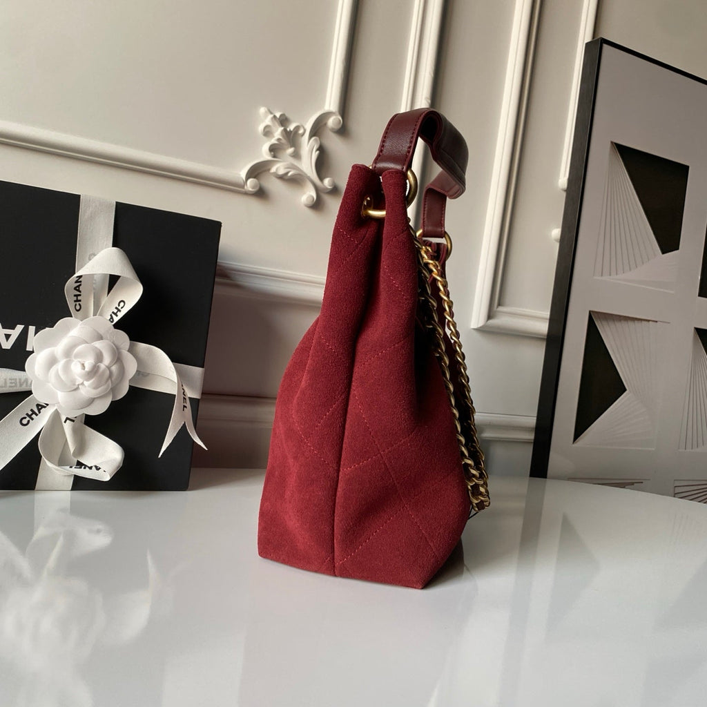 Chanel 2025 Hobo Bag 31cm Red Suede With Gold Hardware 320285