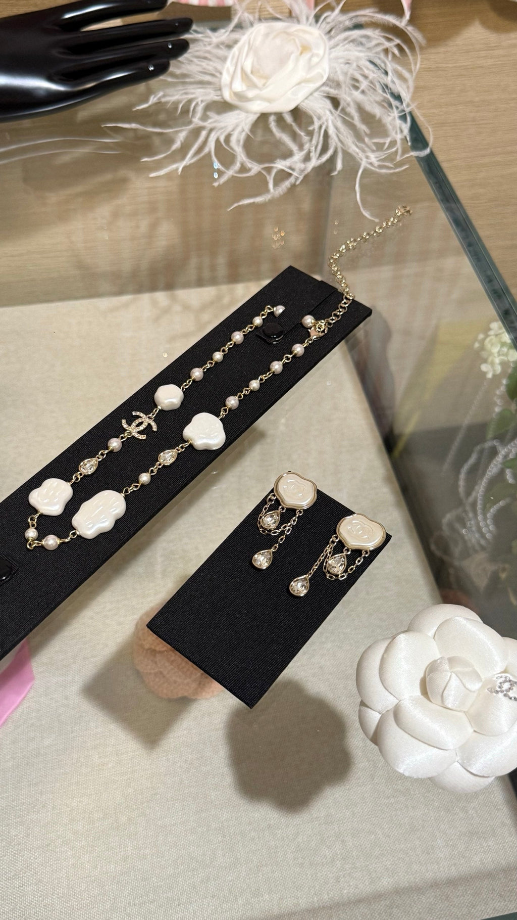 Chanel  Cloud Double C Resin Double Teardrop Crystal Light Gold Chain Tassel Earrings