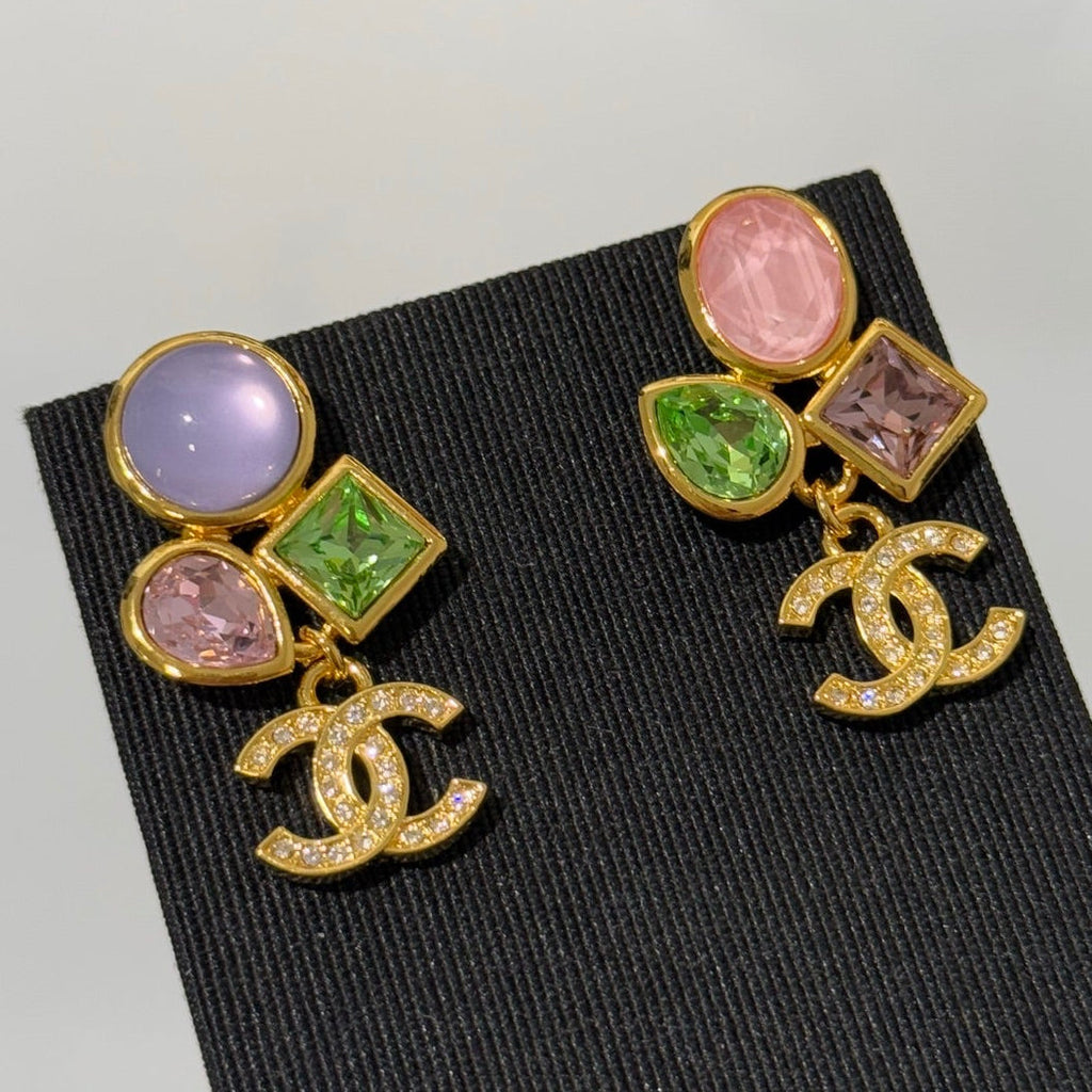 Chanel 2026 Gemstone Gold Full Diamond Double C Glass Pearl AB Style Earrings