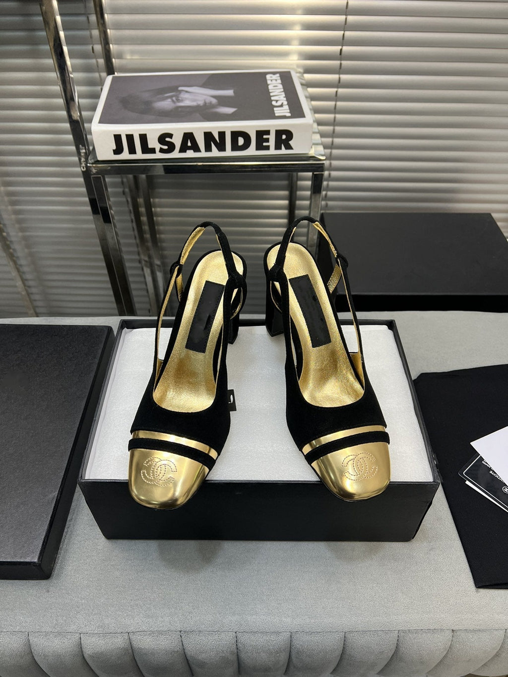 slingback black suede gold metalic lambskin square toe 9.5
