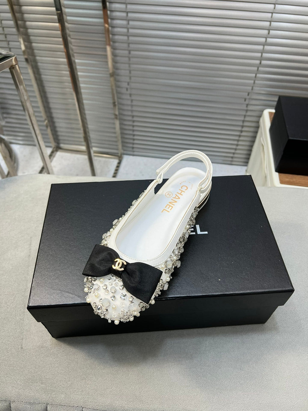 slingbacks flat white bowl silk diamond buckle