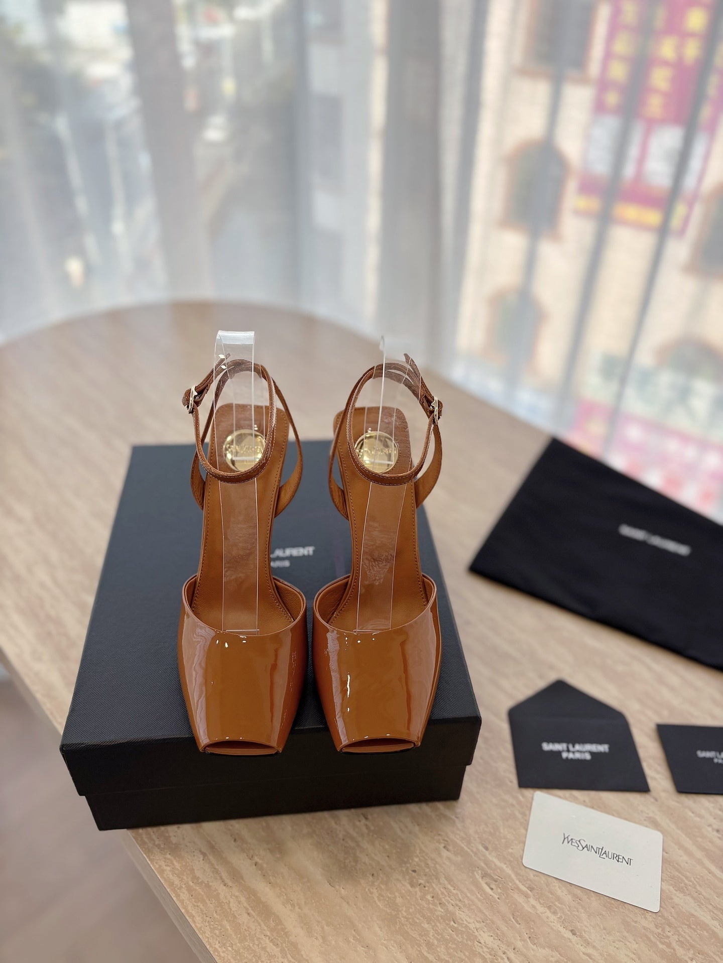 LA SCANDALE HIGH 10 CM WEDGE SANDALS IN BRONZE BROWN PATENT LEATHER