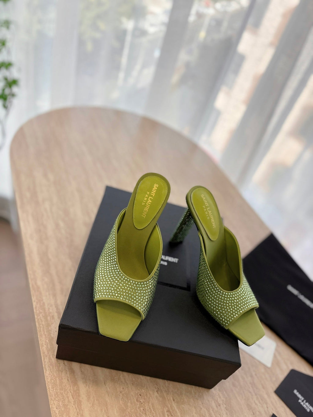 HIGH HEEL BLONDE MULE 10 CM IN OLIVE GREEN SATIN WITH RHINESTONES