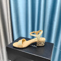 Chunky Heel Rhinestone Sandals Beige Cream Lambskin