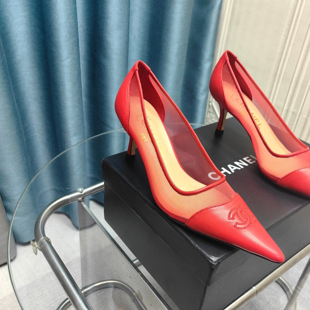 CC Pumps 50 Red Mesh Leather Pointed Toe