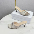 DIOR 26S HIGH-HEELED MULES IN LIGHT GRAY SATIN GOLD HARDWARE