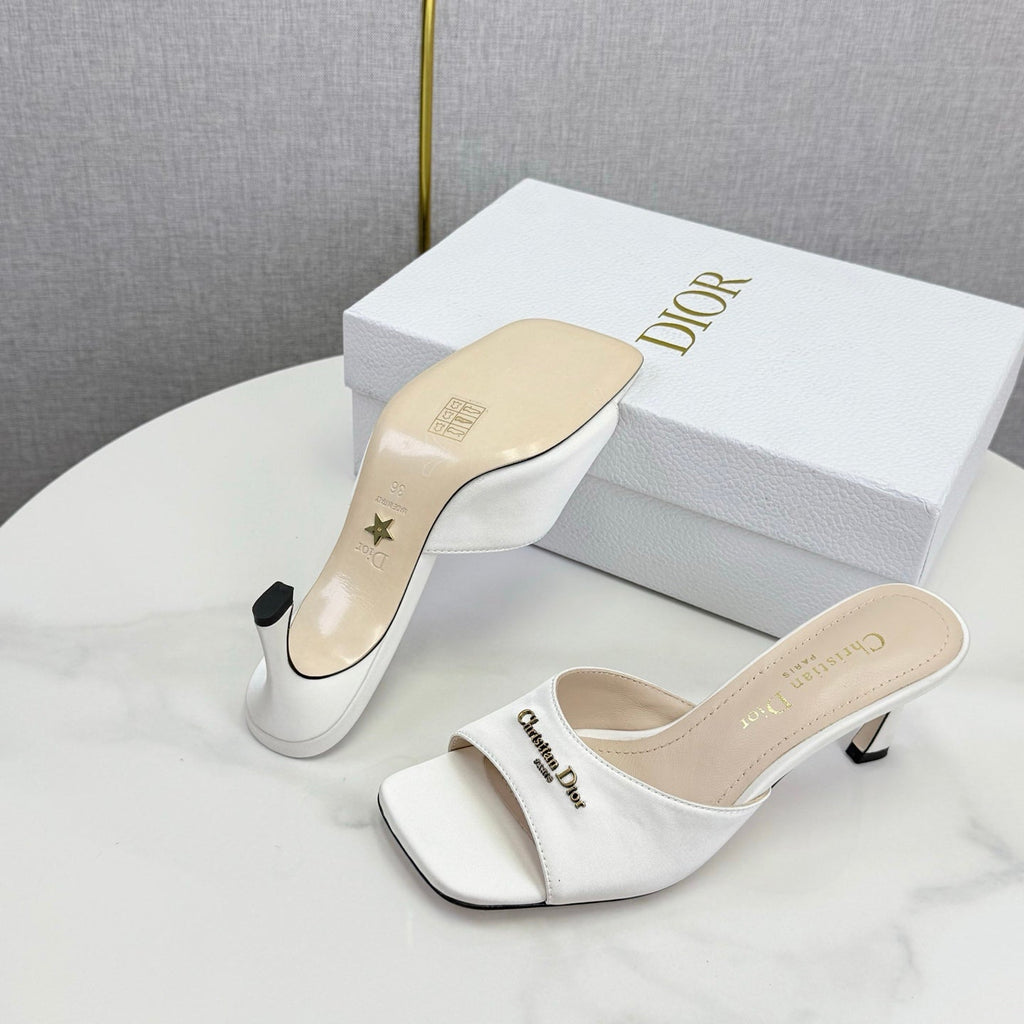 DIOR 26S HIGH-HEELED MULES IN WHITE SATIN GOLD HARDWARE