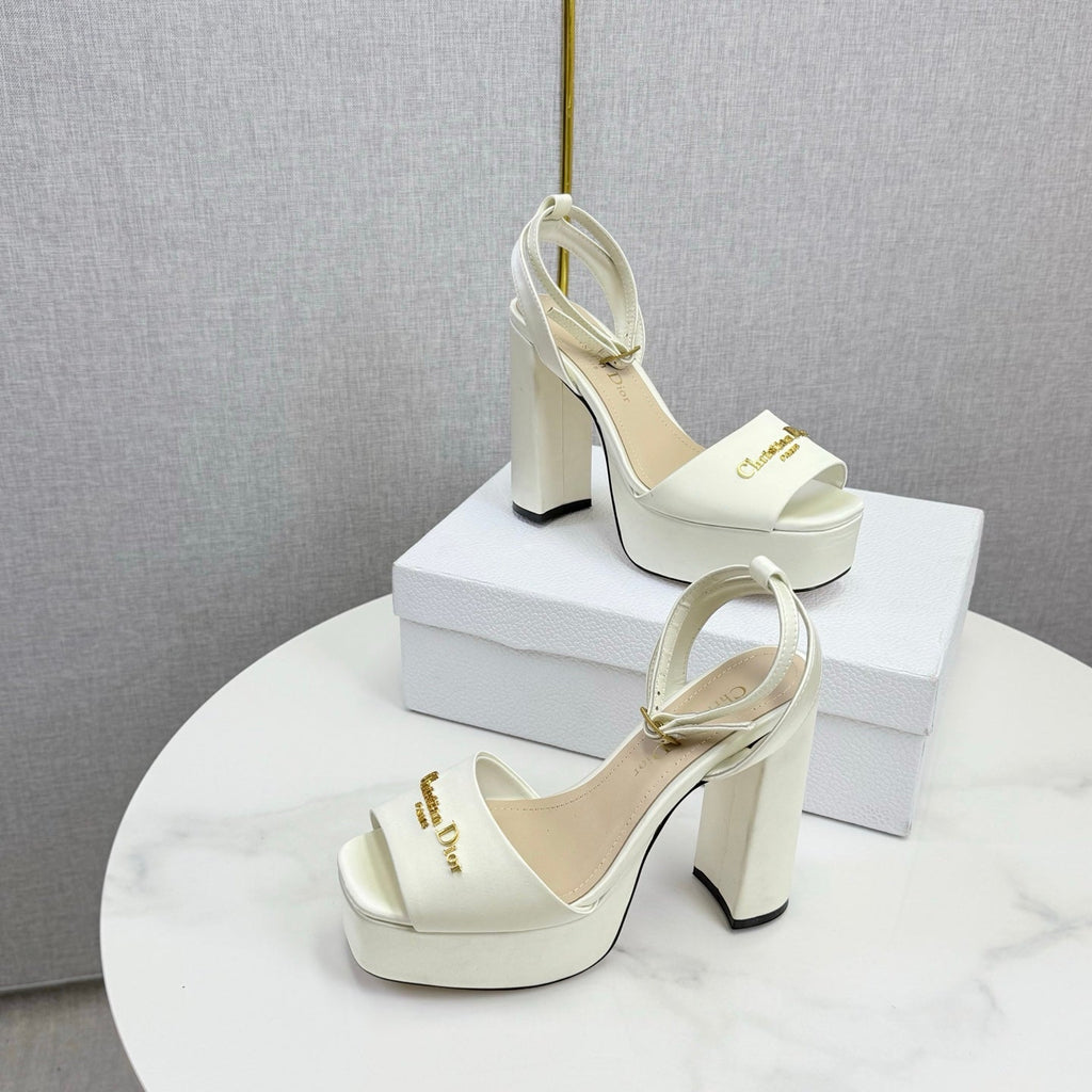CD 26s Platform Sandals 80 White Beige Satin Sheepskin 640231