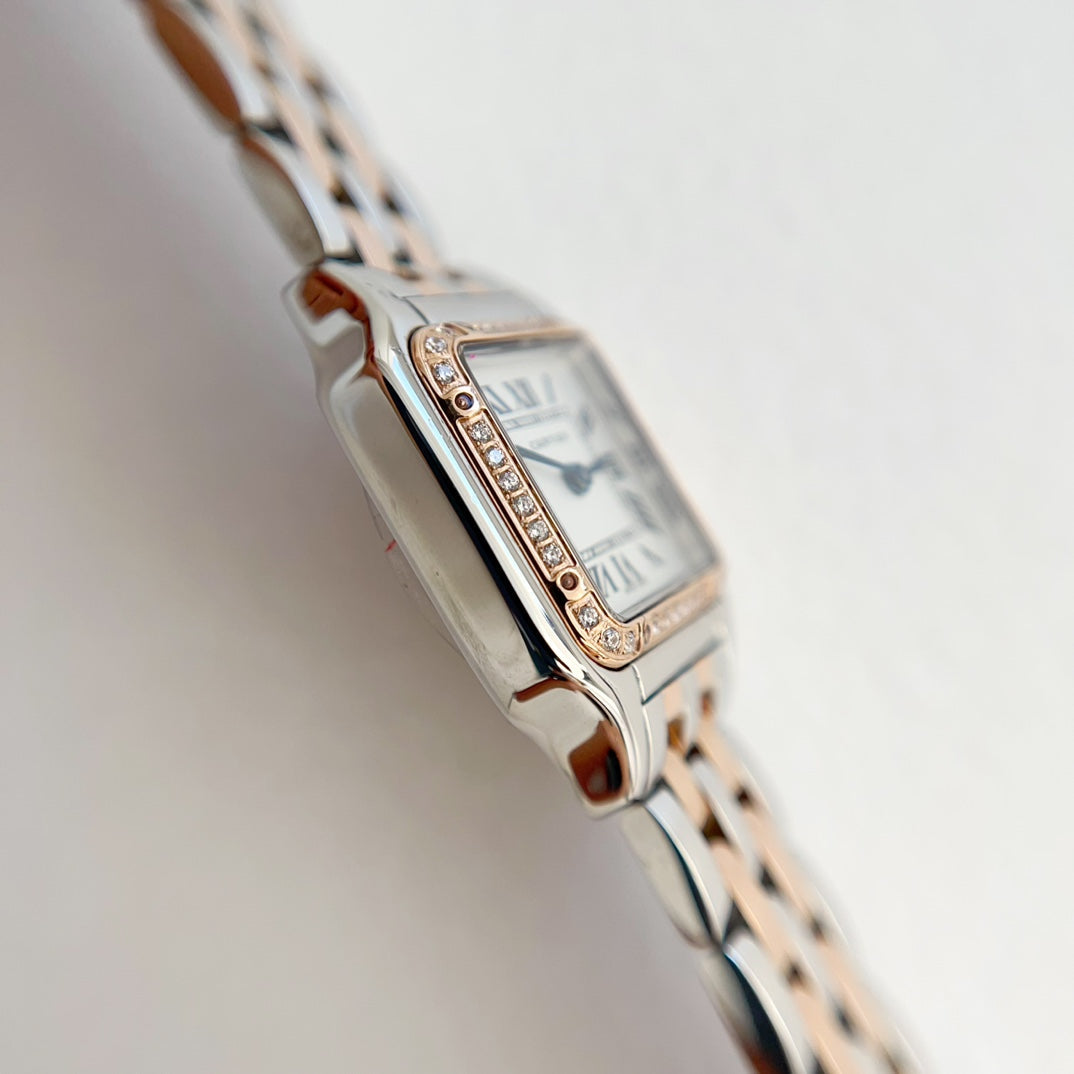 Panthere 22mm Pink Gold Silver Diamond Bezel Double Chain 44cm