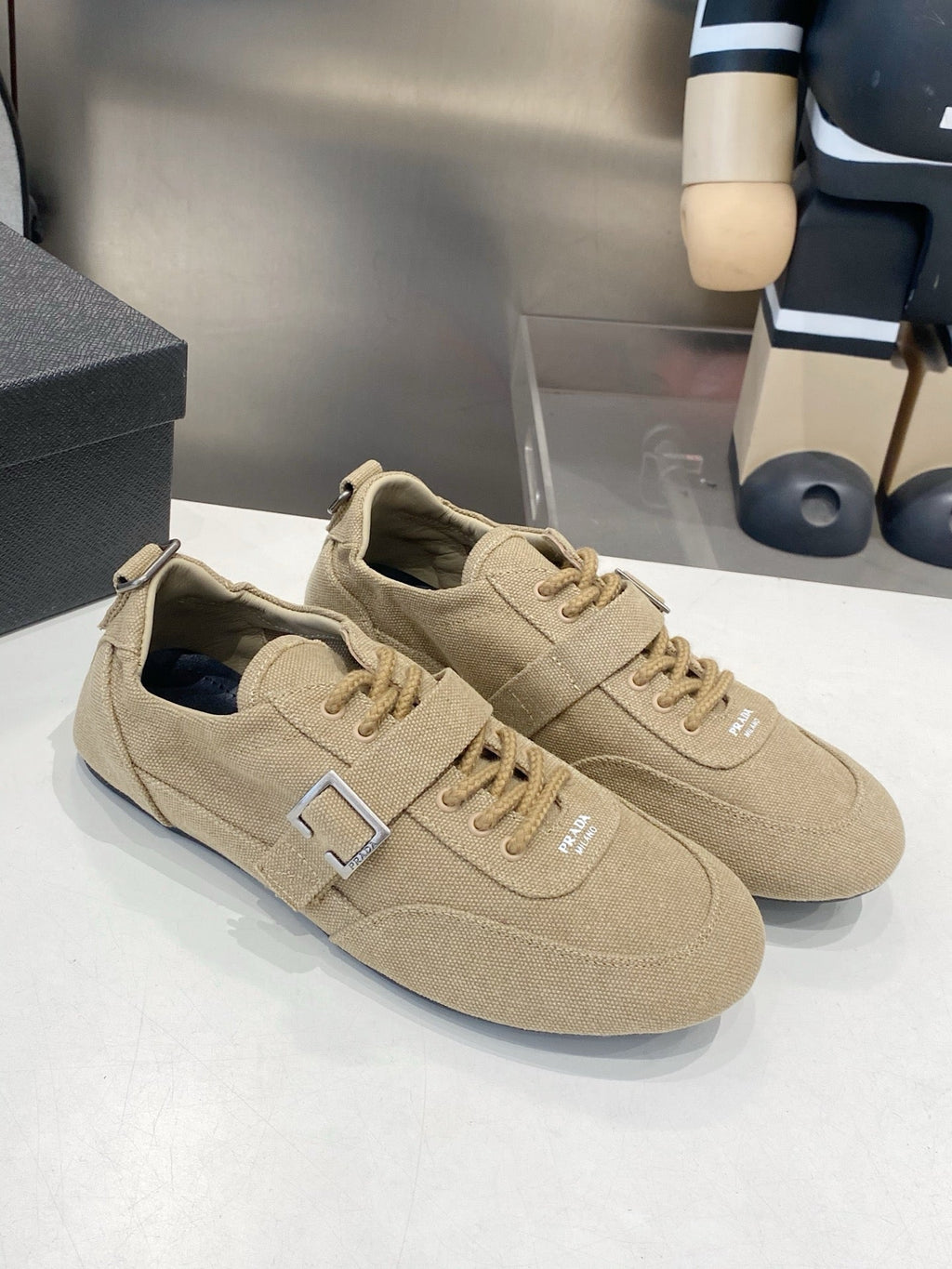 PRADA 26S SNEAKERS IN LIGHT BROWN FABRIC SILVER HARDWARE