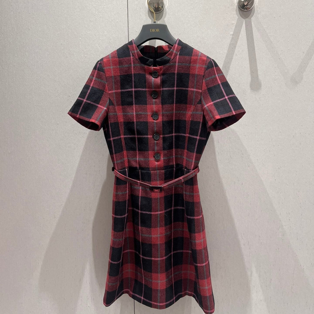 CD 25 Plaid Short-sleeved Dress Black Red Sheep Wool