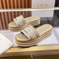CD Dway Platform Slide Beige Brown Fabric with Lambskin 242442