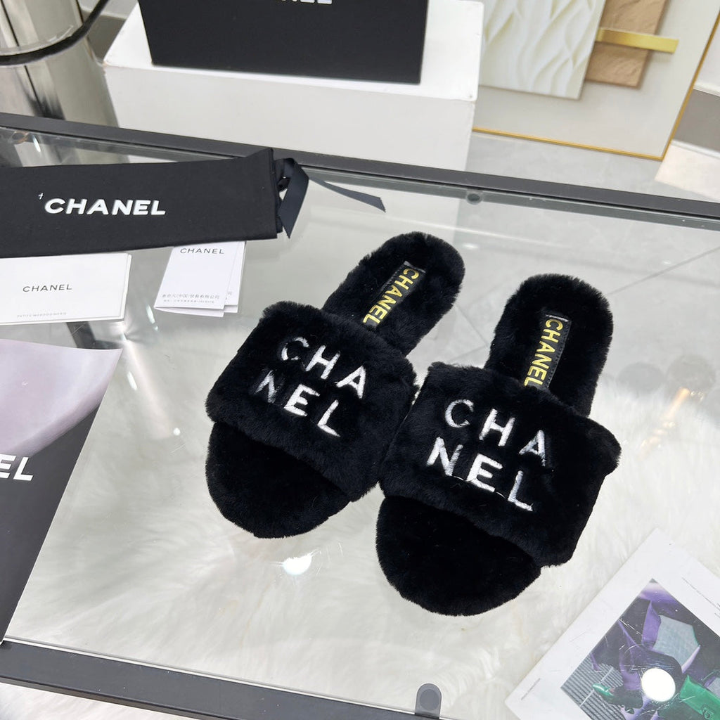 CC Slippers Black With White Lettering Fleece