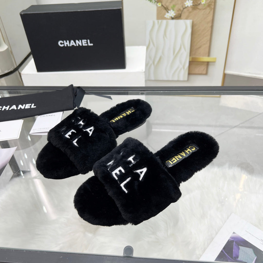 CC Slippers Black With White Lettering Fleece