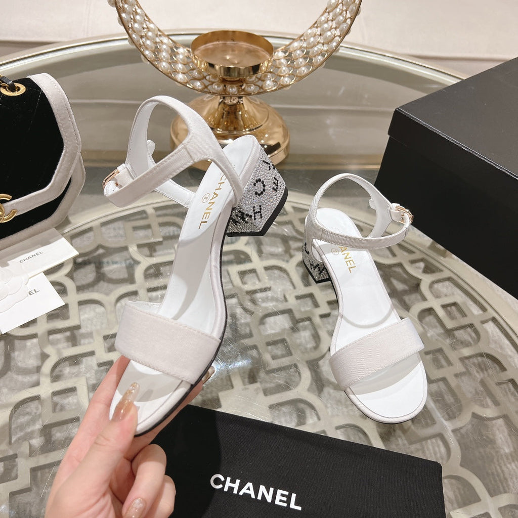 CC 25C 5CM Mid Heed Sandals White Fabric 213323