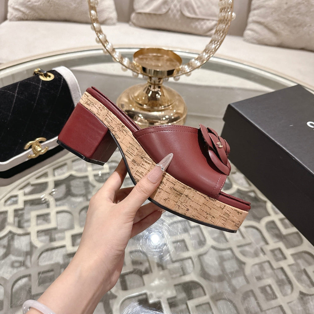 CC 26s Camellia Platform Slippers 65 Dark Red Lambskin 627046