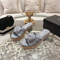 CC 26s Camellia Platform Slippers 65 Light Blue Grey Tweed Leather 627056