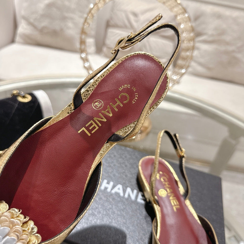CC 26s Floral Backless Sandals Gold Sliver Sheepskin 627020