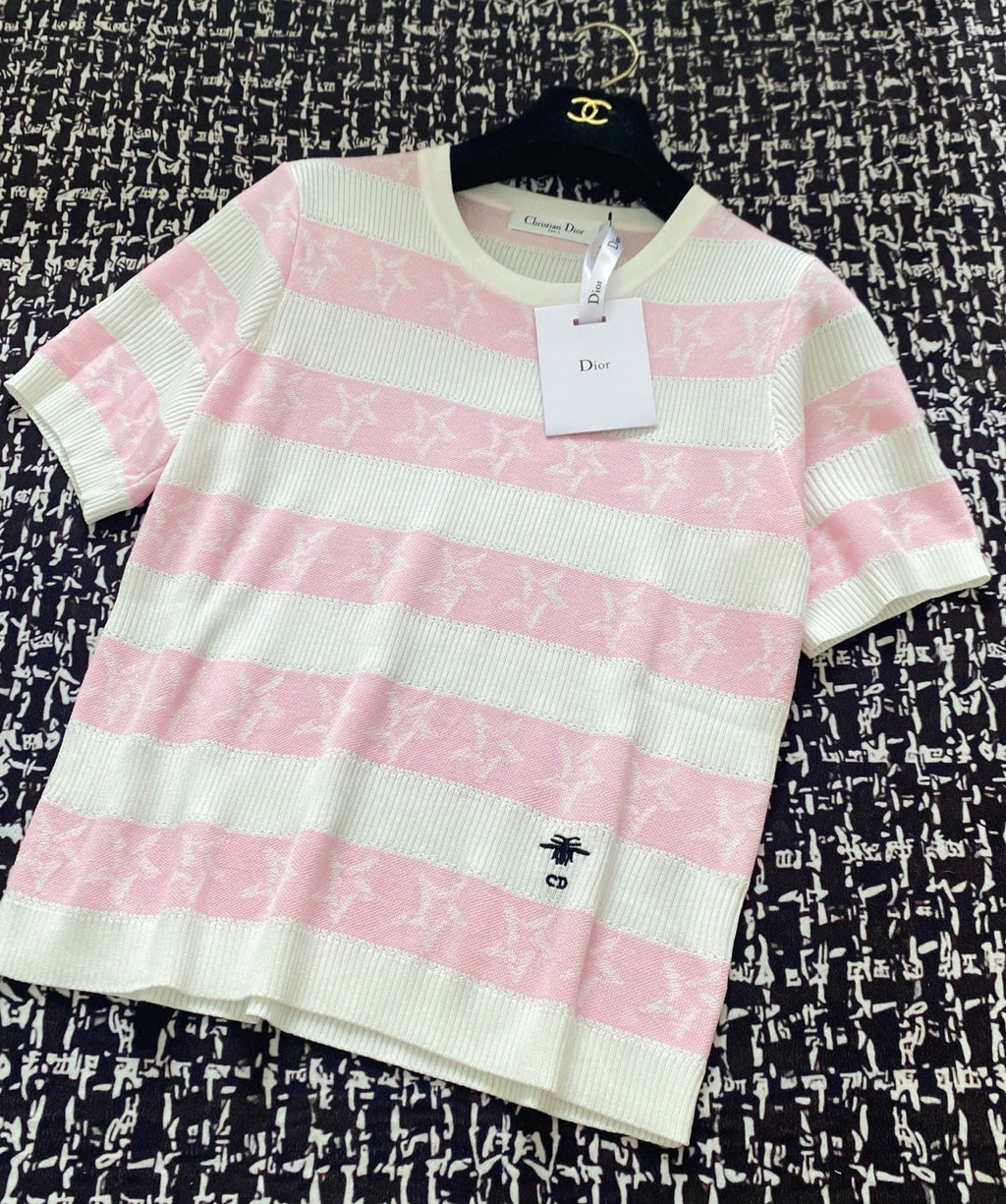CD 2025 Striped Short-sleeved T-shirt Pink White tencel 606660