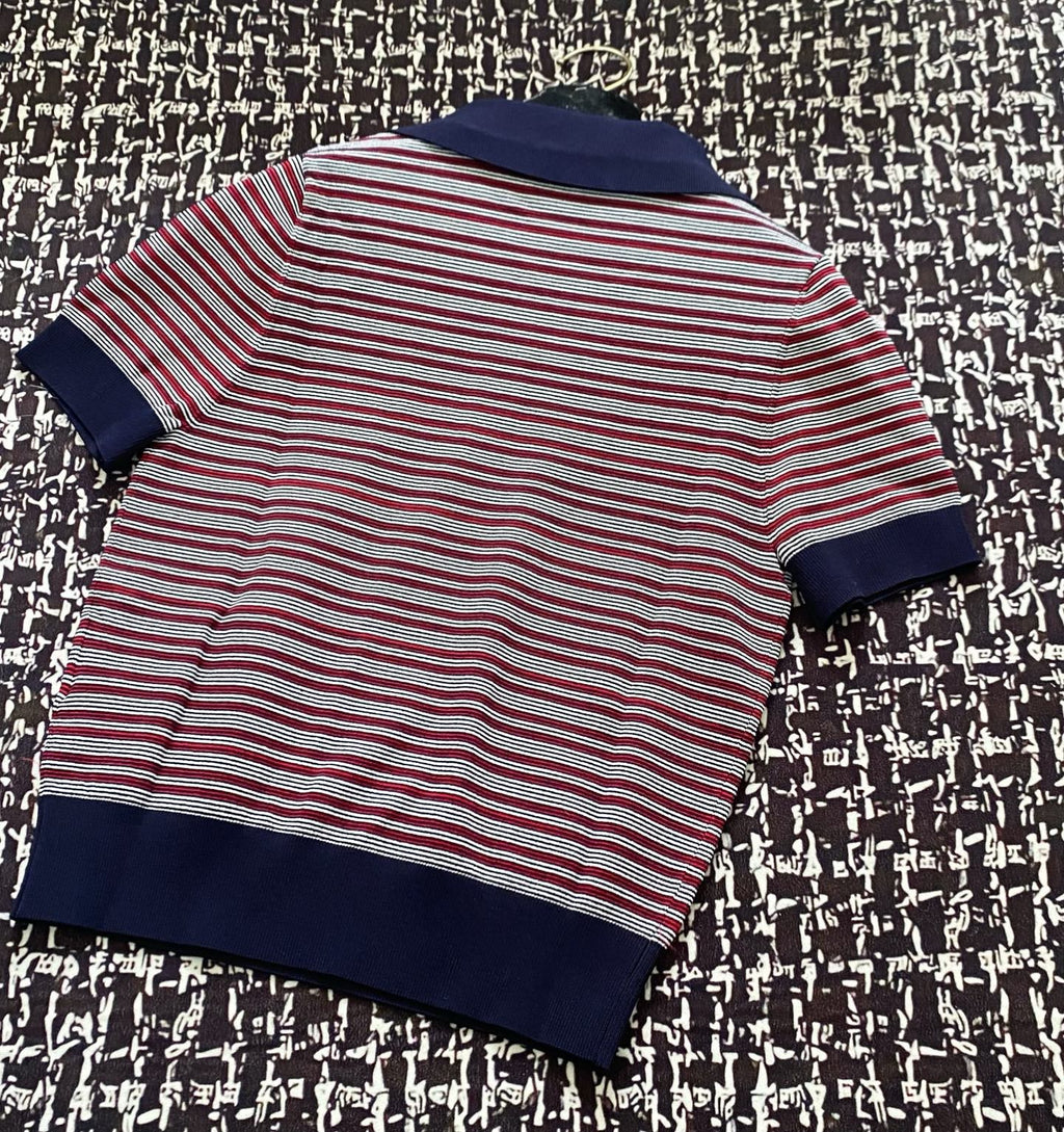 Prada 25 Striped Polo Shirt Navy Blue mix Red Tencel Wool