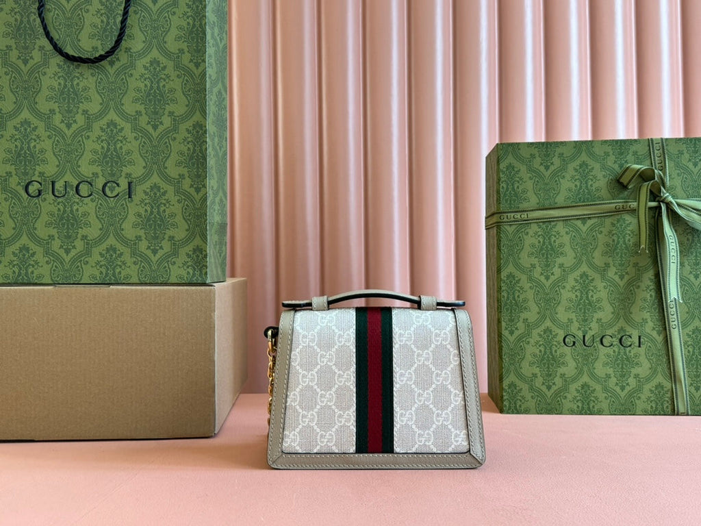 Gucci Ophidia 17.5cm Bag Beige White Canvas Leather 248488