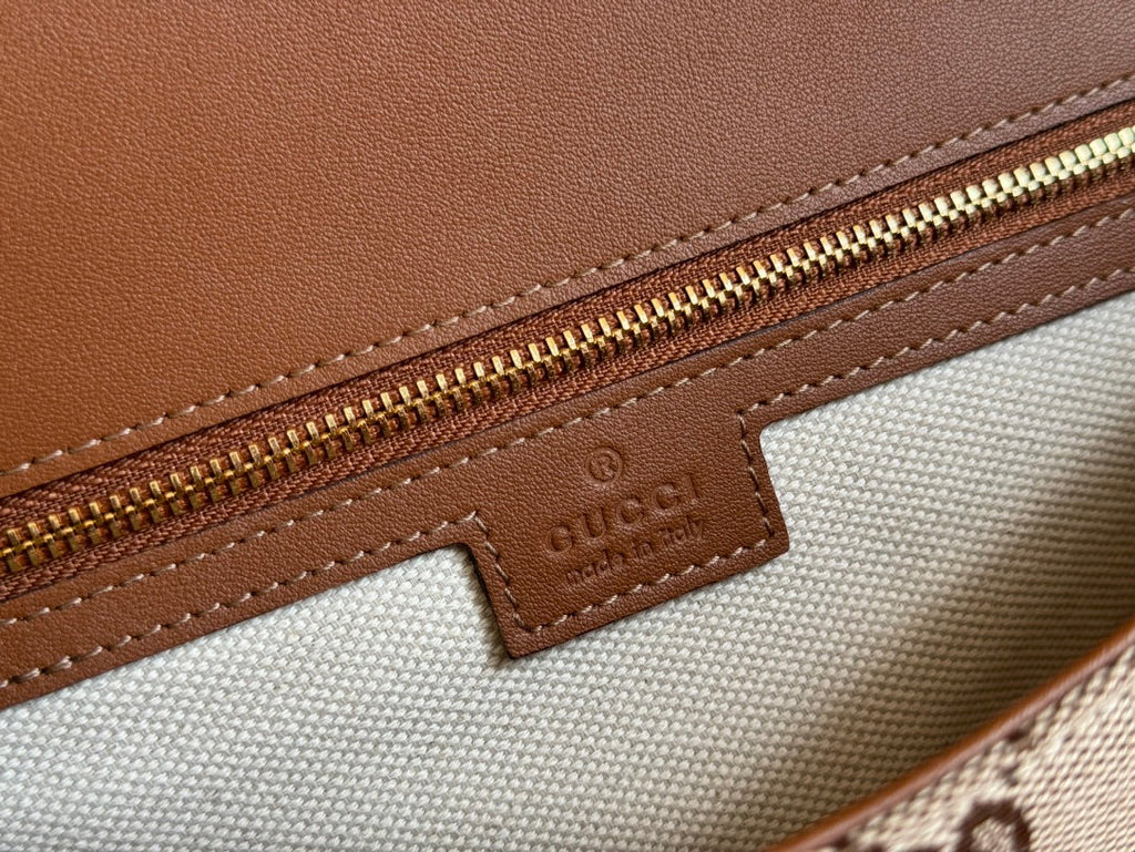 BLONDIE LARGE TOP HANDLE BAG 32 IN BEIGE AND DARK BROWN CANVAS BROWN CALFSKIN