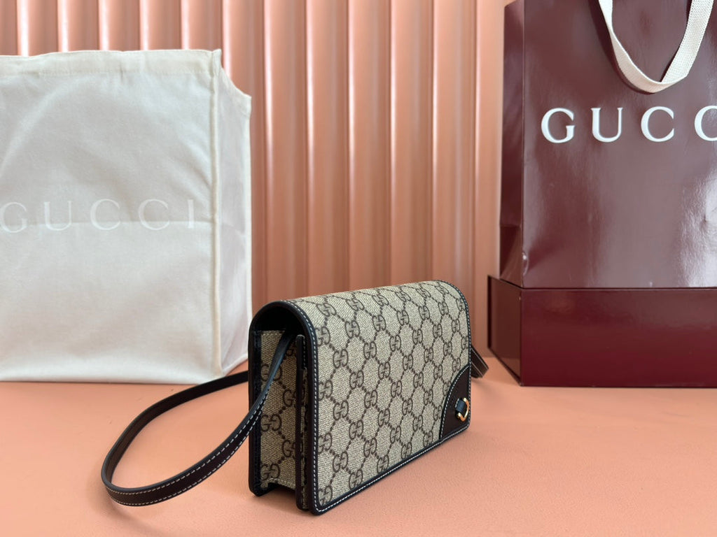 Gucci Emblem Mini Shoulder Bag Beige Blue Canvas Leather 244492