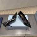 PRADA 26S POINTED TOE HEELS 75MM IN BLACK CALFSKIN WITH BOW