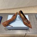 PRADA 26S POINTED TOE HEELS 75MM IN DARK BROWN SUEDE WITH BOW