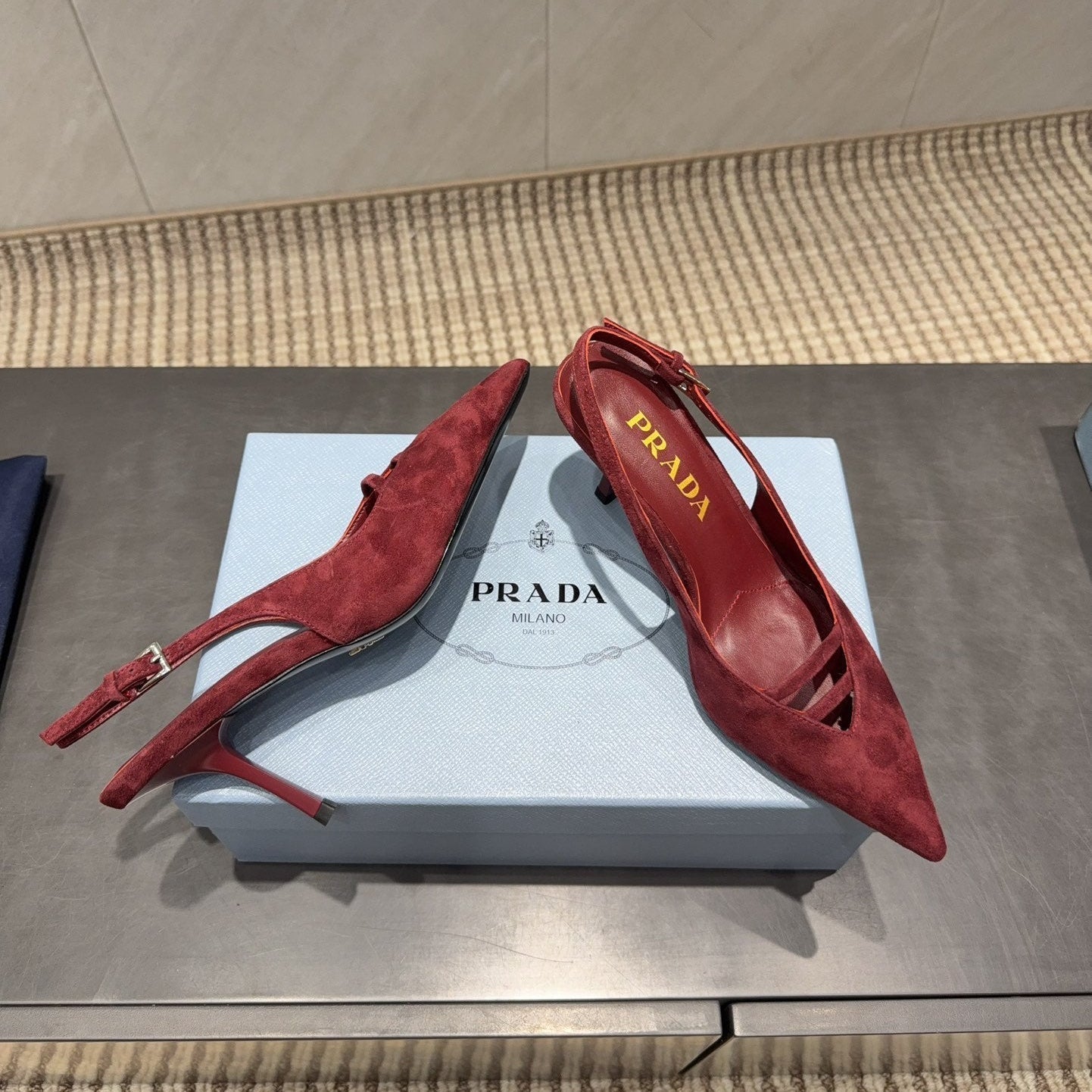 PRADA 26S POINTED TOE SLINGBACK HIGH HEELS 75MM IN DARK RED SUEDE