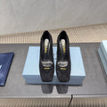 PRADA 26S SQUARE TOE HIGH HEELS 85MM IN BLACK SUEDE WITH LOGO