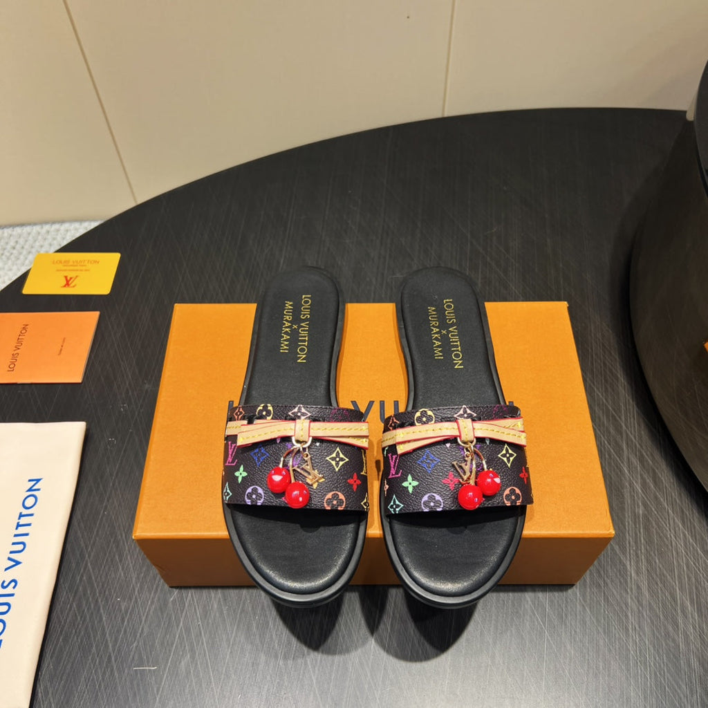 LV SLIDE SANDALS LOGO PRINT 25S IN BLACK CALFSKIN WITH CHERRY BLOSSOM BUCKLE