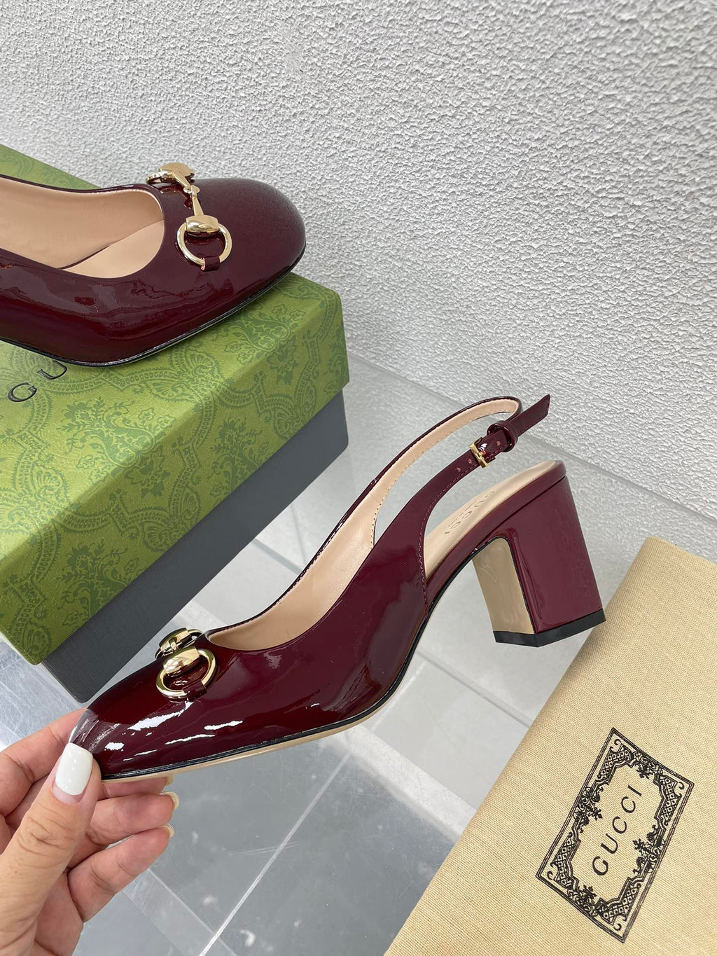 GG WOMEN'S HORSEBIT SLINGBACK 75MM IN WINE RED CALFSKIN