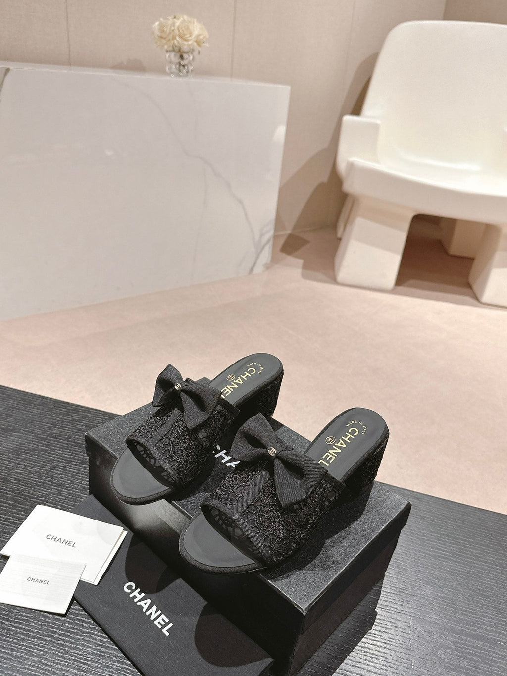 mule sandal 60 bowtie black lacce fabric