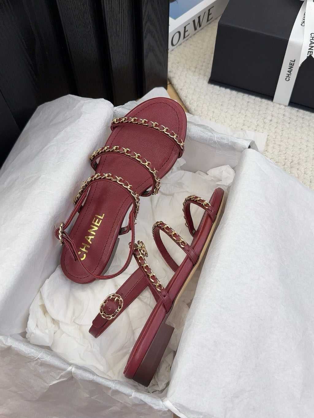 CC 25S Sandal Three Leather Strap Red Calfskin