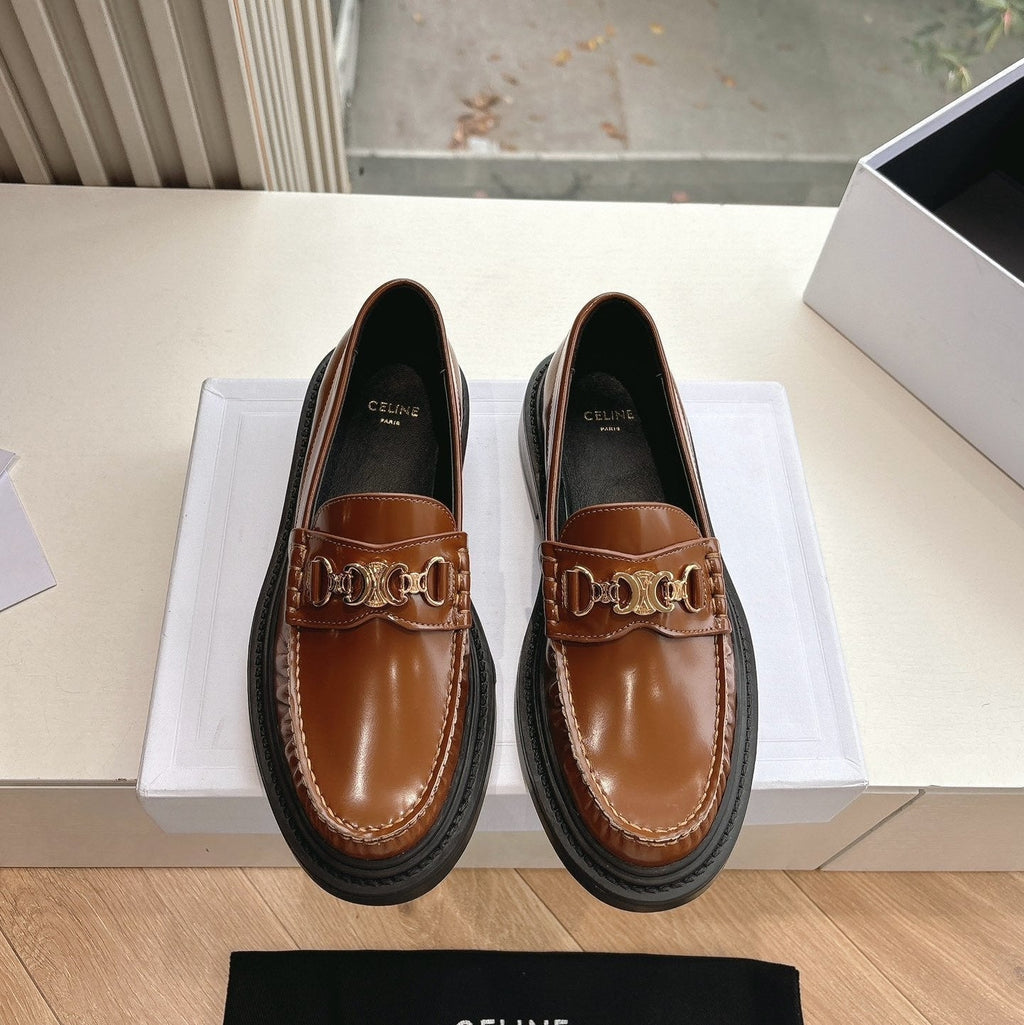 CELINE Buckle Triomphe Loafers Golden Leather 285955