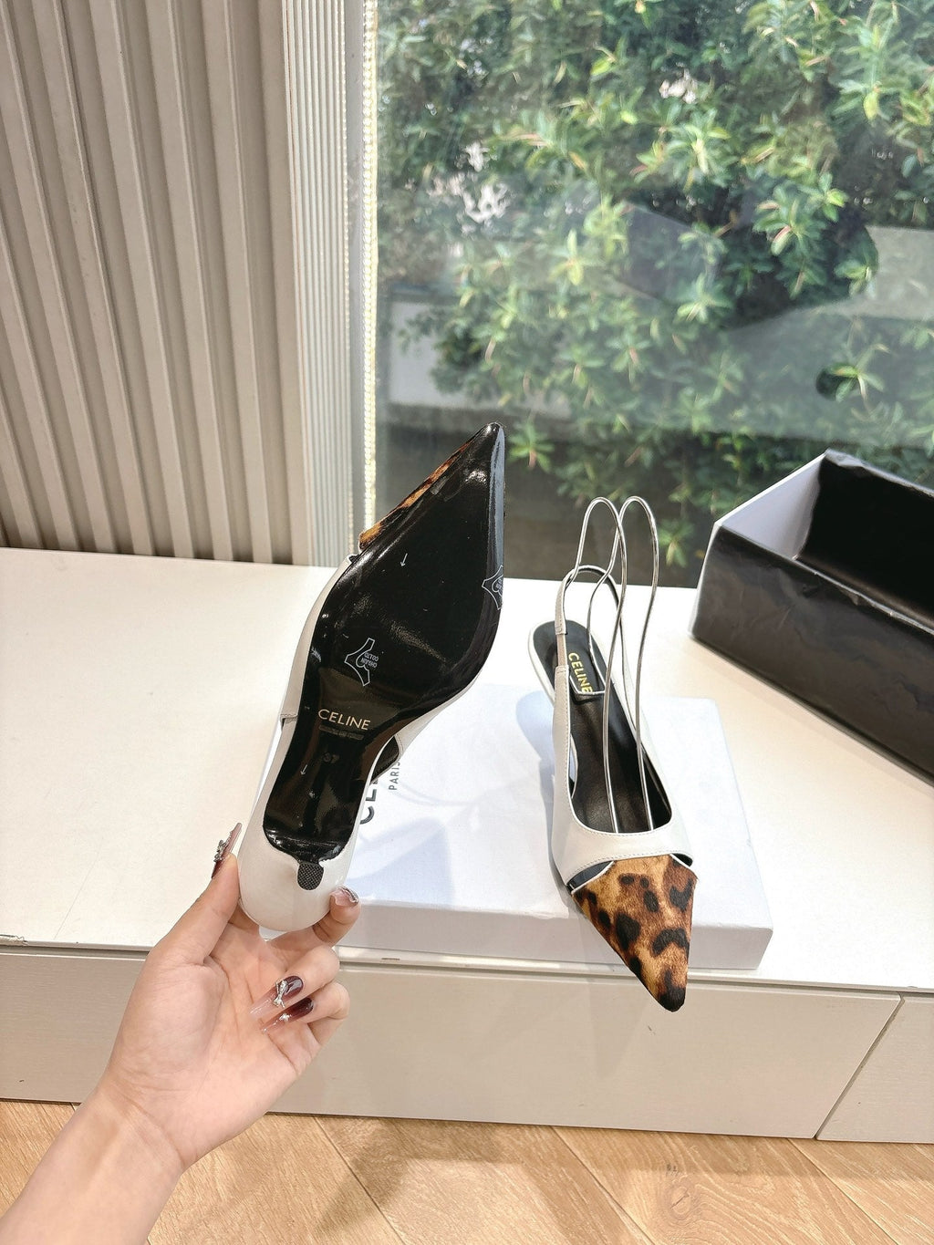 CELINE Slingback  Leopard  White Leather 285985