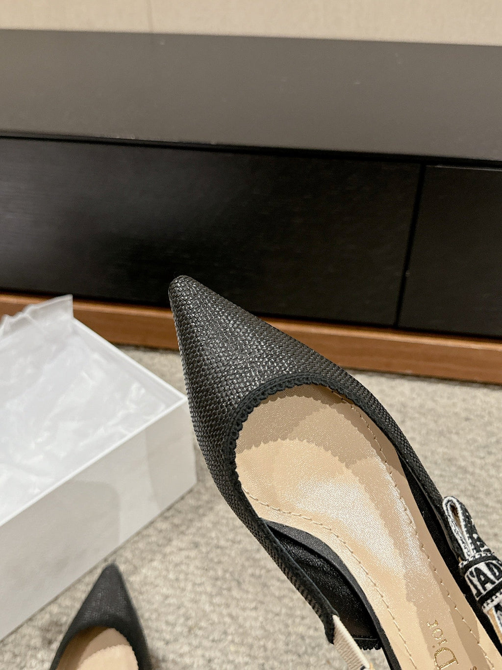 cd slingback flat black raffia lambskin