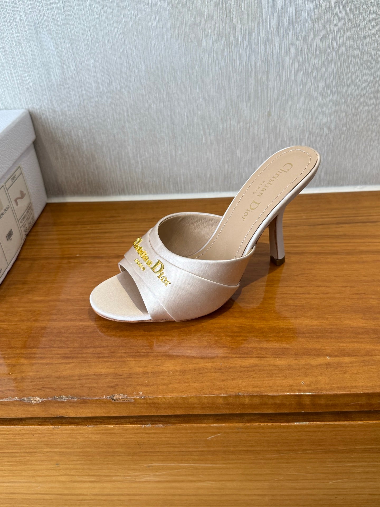 PEEP TOE SANDAL 25S HEELS 10CM IN PALE PINK BEIGE SATIN