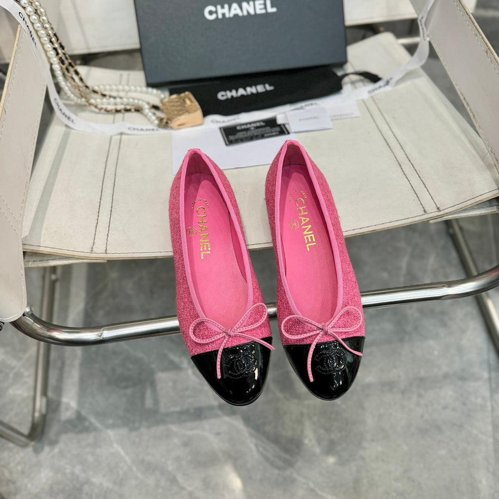 ballet flat pink tweed black patent calfskin