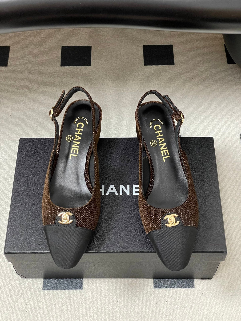 Chanel 25 Slingback Black Brown Lambskin Fabric 473210