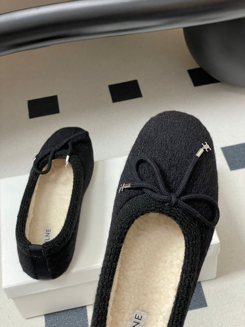 CELINE 26S BALLET FLATS IN BLACK WOOL WITH BOW STYLE 1