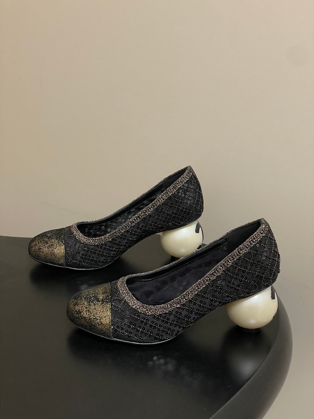 CC 26 Beaded Sequin Pump With Double C Pearl Heel Black Mesh Leather