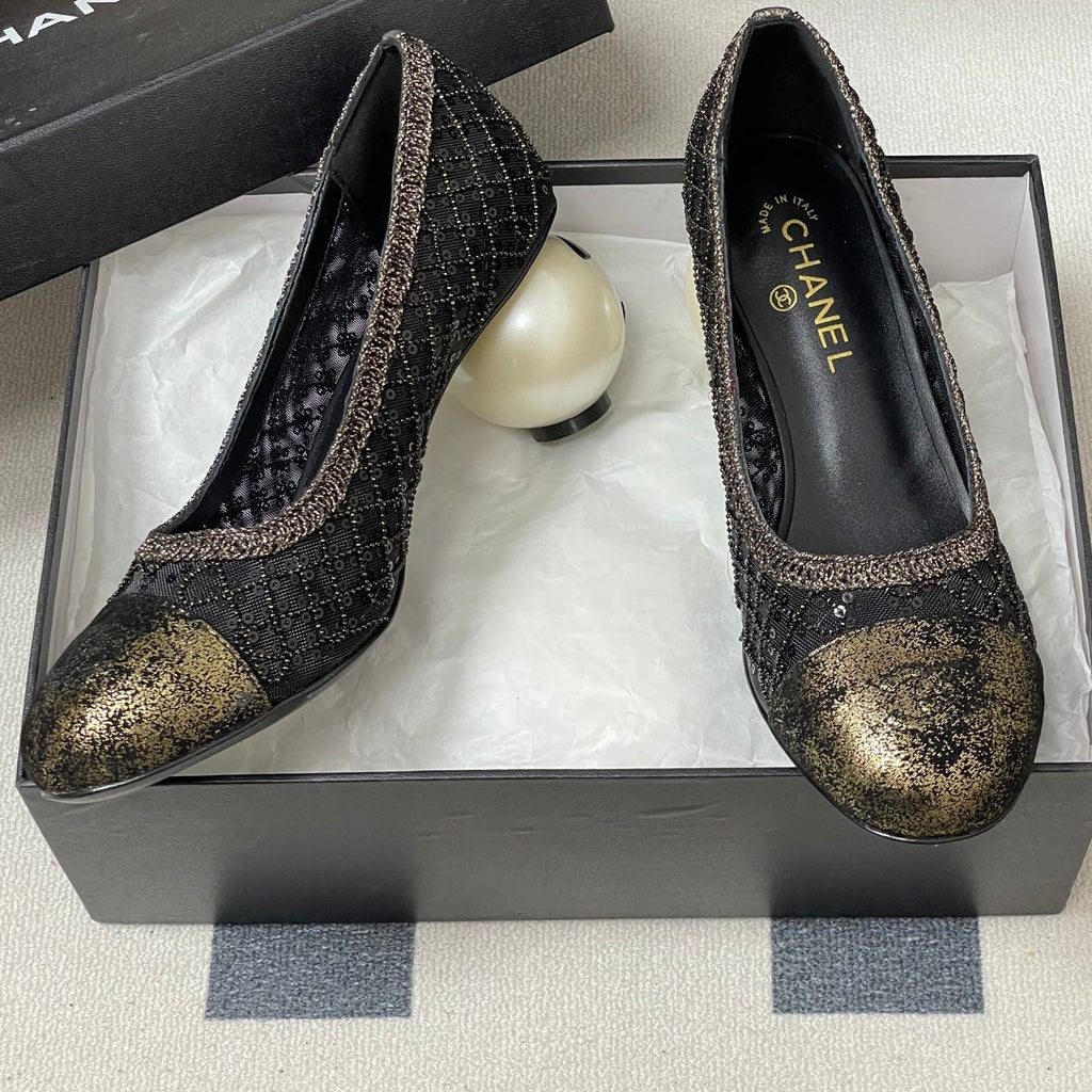 CC 26 Beaded Sequin Pump With Double C Pearl Heel Black Mesh Leather
