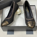 CC 26 Beaded Sequin Pump With Double C Pearl Heel Black Mesh Leather