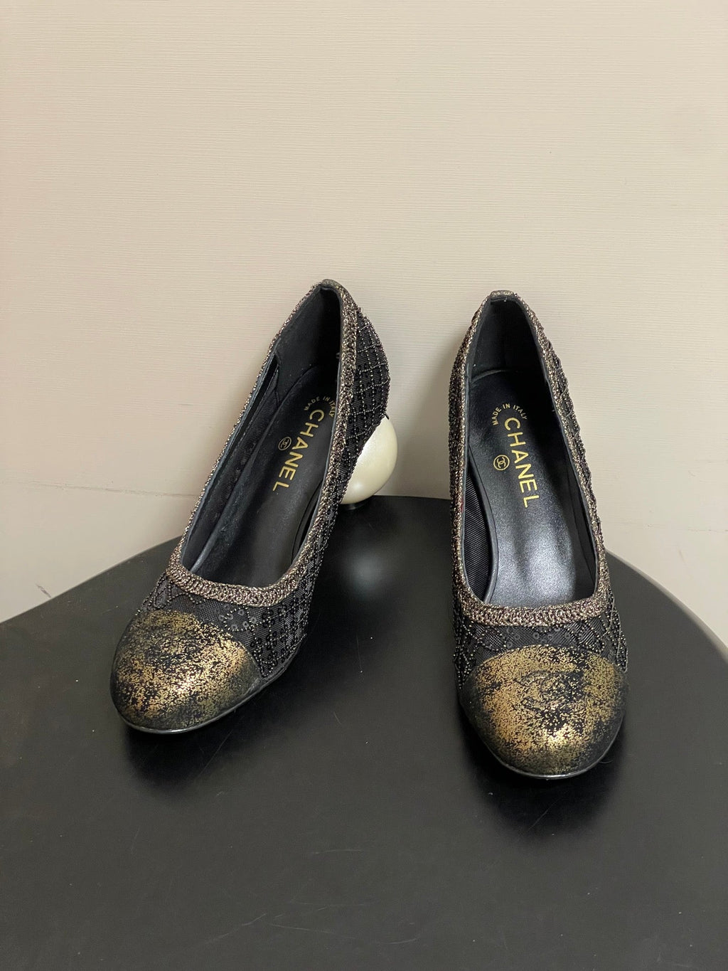 CC 26 Beaded Sequin Pump With Double C Pearl Heel Black Mesh Leather