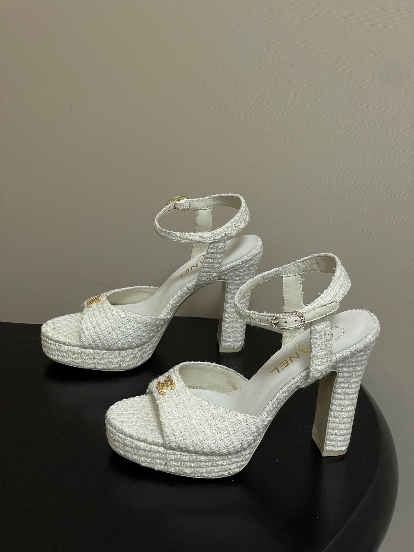CHANEL 26S HIGH HEEL SANDALS 120 MM IN WHITE TWEED