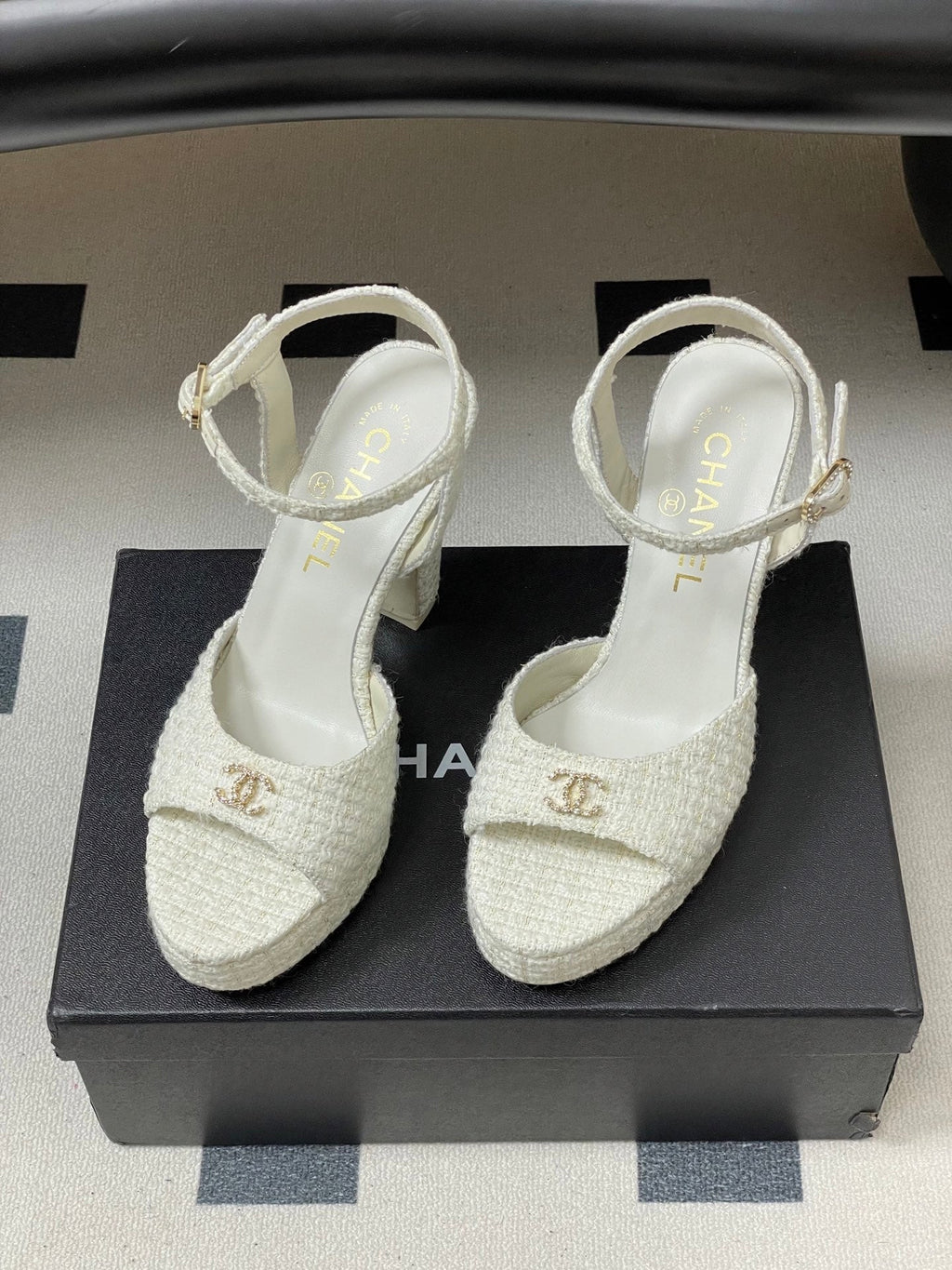 CHANEL 26S HIGH HEEL SANDALS 120 MM IN WHITE TWEED